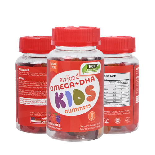 Bottle of kids omega 3 DHA gummies with vitamin C and D, 60 chewable gummies